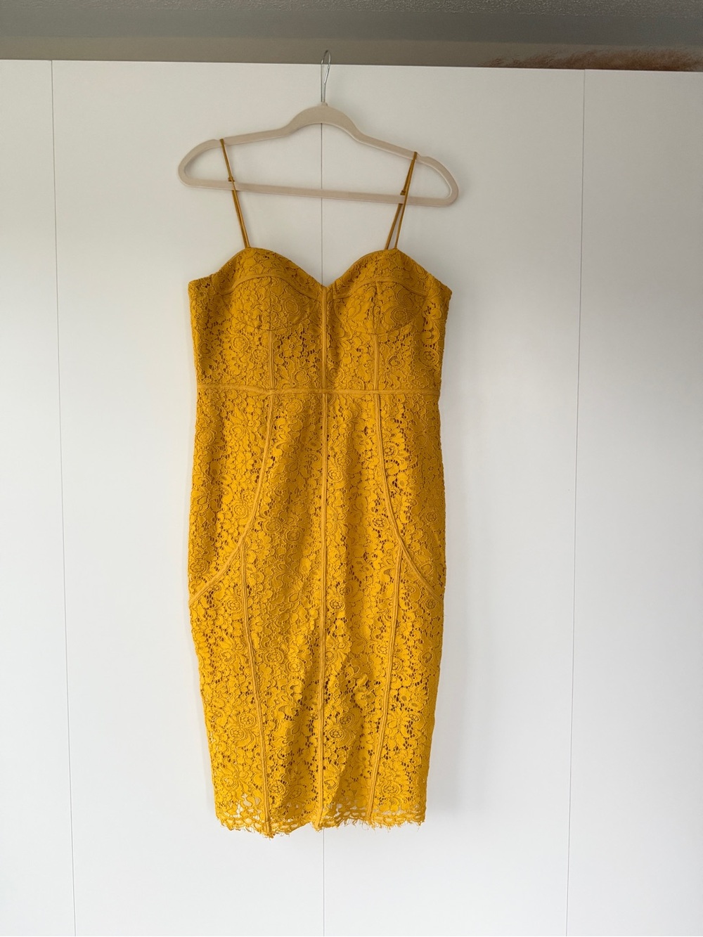Bardot Mustard Yellow Lace Midi Dress with Spaghetti Straps